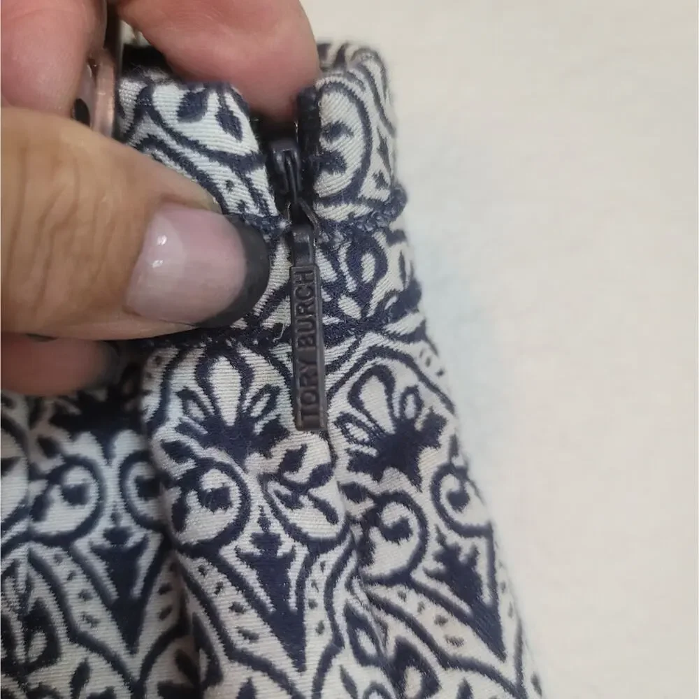 TORY BURCH Heidi Blue White Jacquard Stretch Pant Coastal Office Preppy Classic